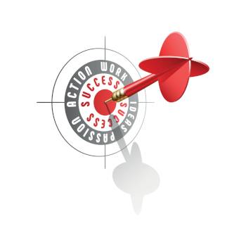 red dart hitting center of target with words associated with success in business- action, work, passion, ideas, & success